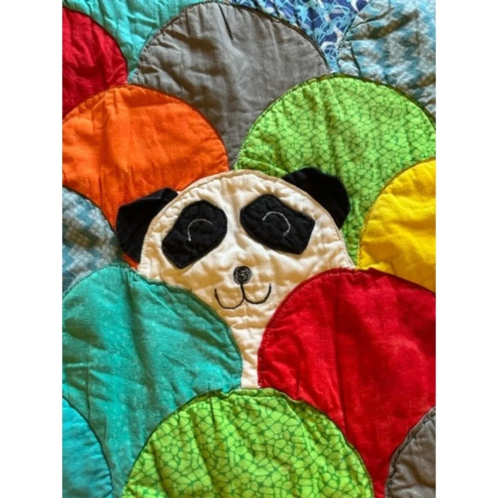 Handmade Panda Bear Scalloped Quilted Baby Blanket Rainbow Patchwork 39.5 x 34